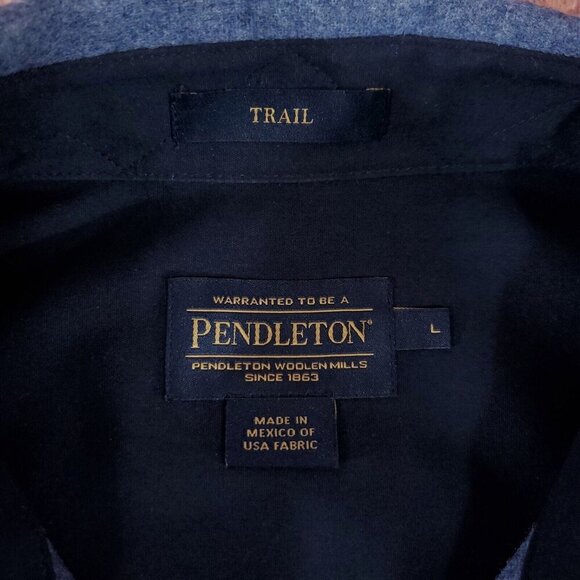 Pendleton Mens Size Large Trail Shirt Blue Virgin Wool Button Up Elbow Patch - Picture 9 of 14